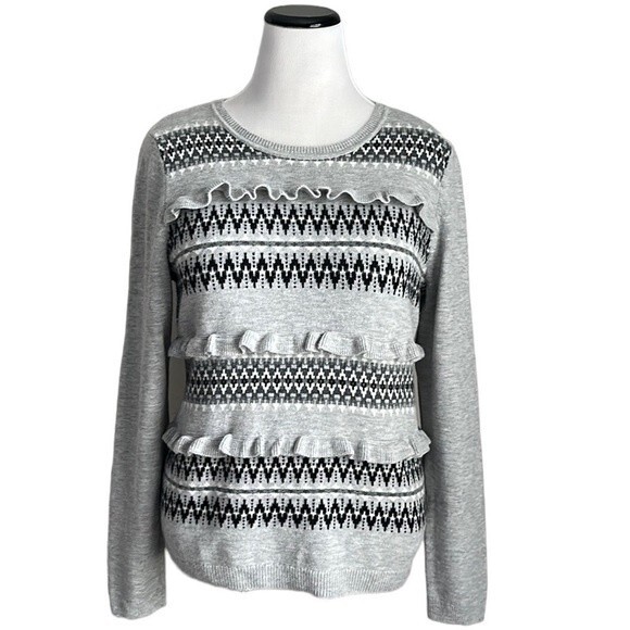 Talbots Women’s Sweater Gray Ruffle Nordic Fair Isle Crew Wool Blend Size L - Picture 1 of 10